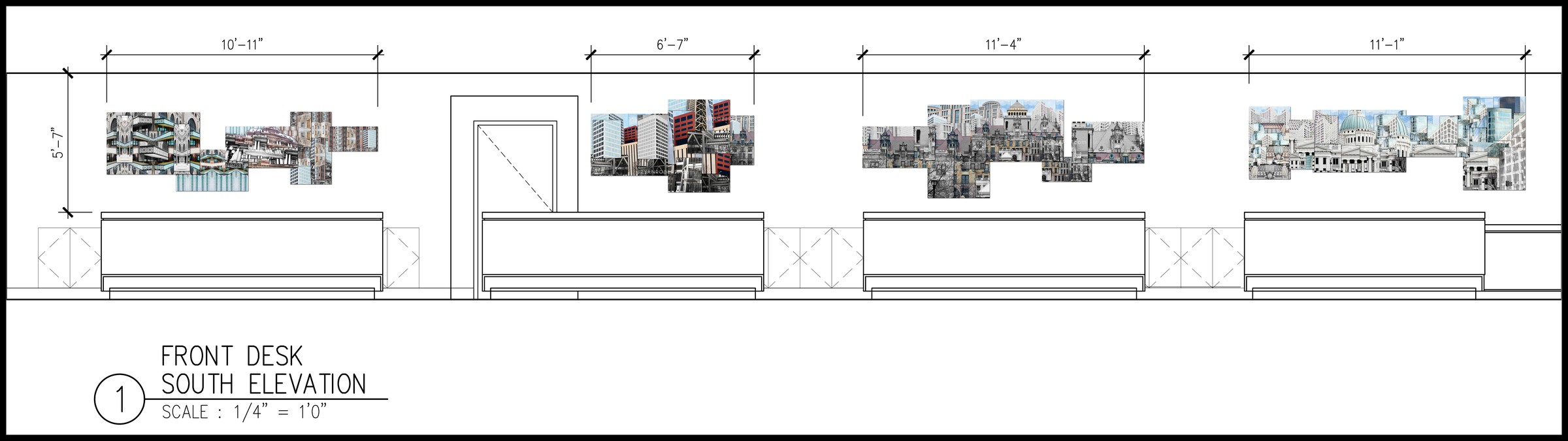 Front desk south elevation drawing, showing all four panel groupings and their wall dimensions